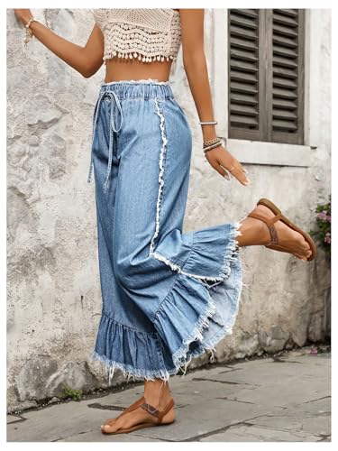 Verdusa Women's Ruffle Fringe Cropped Jeans Streetwear Wide Leg Baggy Denim Pants3