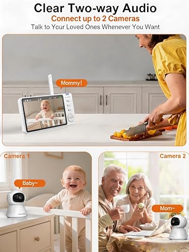 Image of 5 inch HD Video Baby Monitor with 2 Camera and Audio, No WiFi Hack-Proof Security, Remote Pan-Tilt-Zoom, 100-Hour Battery Life in VOX Mode, 1000ft Range, Night Vision, Temperature & Cry Alerts
