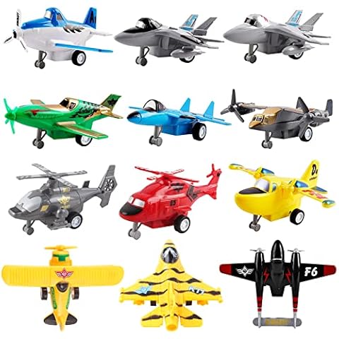 deAO Set of 12 Pull Back Airplanes Vehicle Playset Variety Pack of Helicopters, Stealth Bombers, Fighter Jets, Aircraft, Planes, Multicoloured Cover