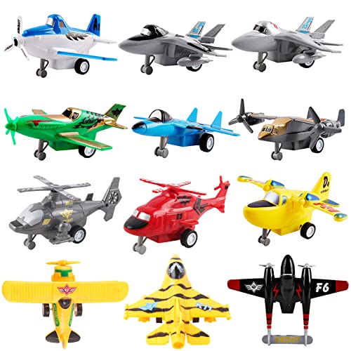 deAO Conjunto aéreo de brinquedo de fricção com 12 figuras colecionáveis em pequena escala variado de aviões e helicópteros incluídos
