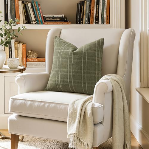 Image of MIULEE Decorative Linen Check Throw Pillow Covers Neutral Farmhouse Vintage Spring Pillow Covers 18x18 Set of 2 Boho Modern Home Decor for Sofa Couch Bedroom Cushion Sage Green