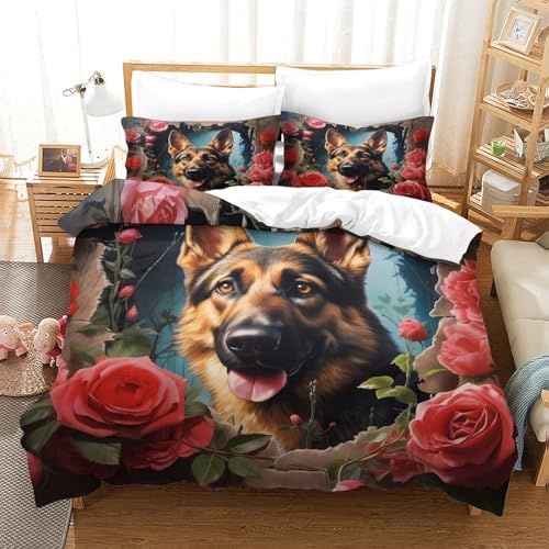 3D, Imprimé German Shepherd—Romantic Floral Art Parure De Lit Microfibre Super Douce Et Respirante Housse De Couette 3 Pièces Et Taie d'oreiller...