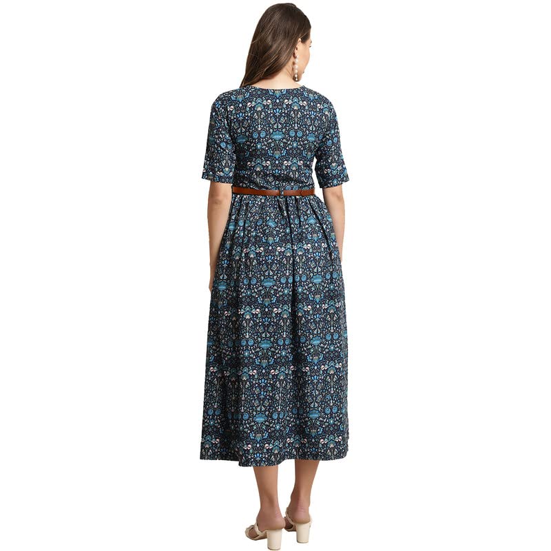 Preneum Women's Georgette Floral Printed 3/4 Slevees A-Line Fit & Flare Gown With Beltindo-Western Ethnic Gown || A-Line Maxi Dress Casual Wear || Fit & Flare Flared Hem Design, Blue, 2Xl