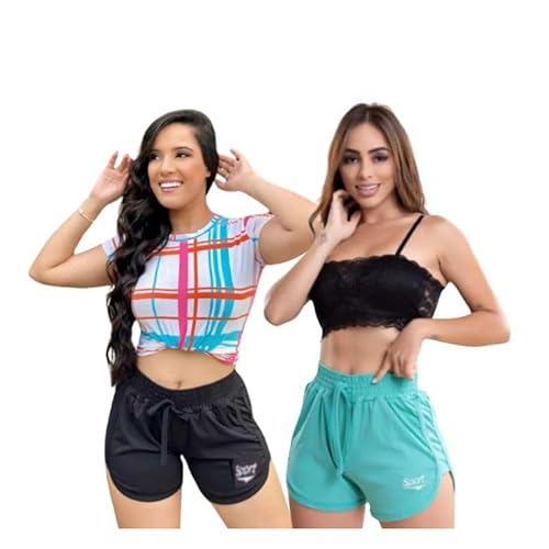 Kit 2 Shorts Femininos Casual Esporte Lazer Confortáveis (BR, Alfa, GG, Regular, Regular, Verde/Pret