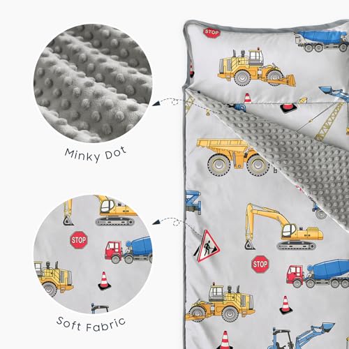 Image of Wake In Cloud - Toddler Nap Mat with Pillow and Minky Fleece Blanket, for Kids Boys Ages 3 Plus in Daycare Preschool Kindergarten, Roll Up Sleeping Bag, Construction Trucks
