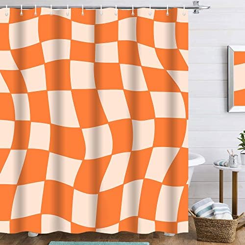 Retro Shower Curtain 70s Shower Curtain Checkered Shower Curtain 72Wx72L Inch Orange Vintage Shower Curtain 60s Groovy Plaid Aesthetic Funky Flag Hippie Abstract Grid Waterproof Fabric 12 Hooks