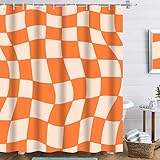 Retro Shower Curtain 70s Shower Curtain Checkered Shower Curtain 72Wx72L Inch Orange Vintage Shower