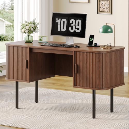 Amazon.com: Lefurture 55 Inch Fluted Computer Desk with Power Outlets ...