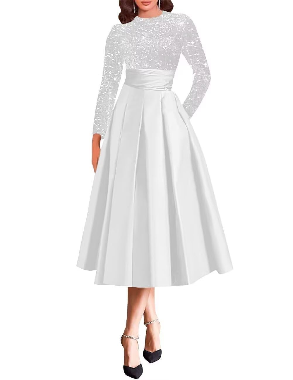 Sparkly Sequin Wedding Gown Long Sleeve Tea Length A Line Formal Dress Mother of The Bride Dresses for Women