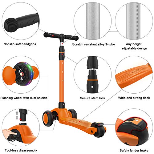 Image of Allek Kick Scooter B03, Lean 'N Glide 3-Wheeled Push Scooter with Extra Wide PU Light-Up Wheels, Any Height Adjustable Handlebar and Strong Thick Deck for Children from 3-12yrs (Orange)