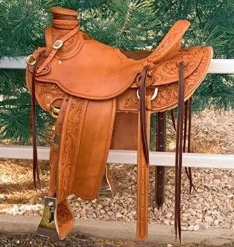 Western Horse Saddle Wade Tree A Fork Ranch Roping Work Handmade Tooled Carved Premium Leather Equestrian Trail Horse Saddle for Horse Riding Size: 10-18 inches Seat, OS114