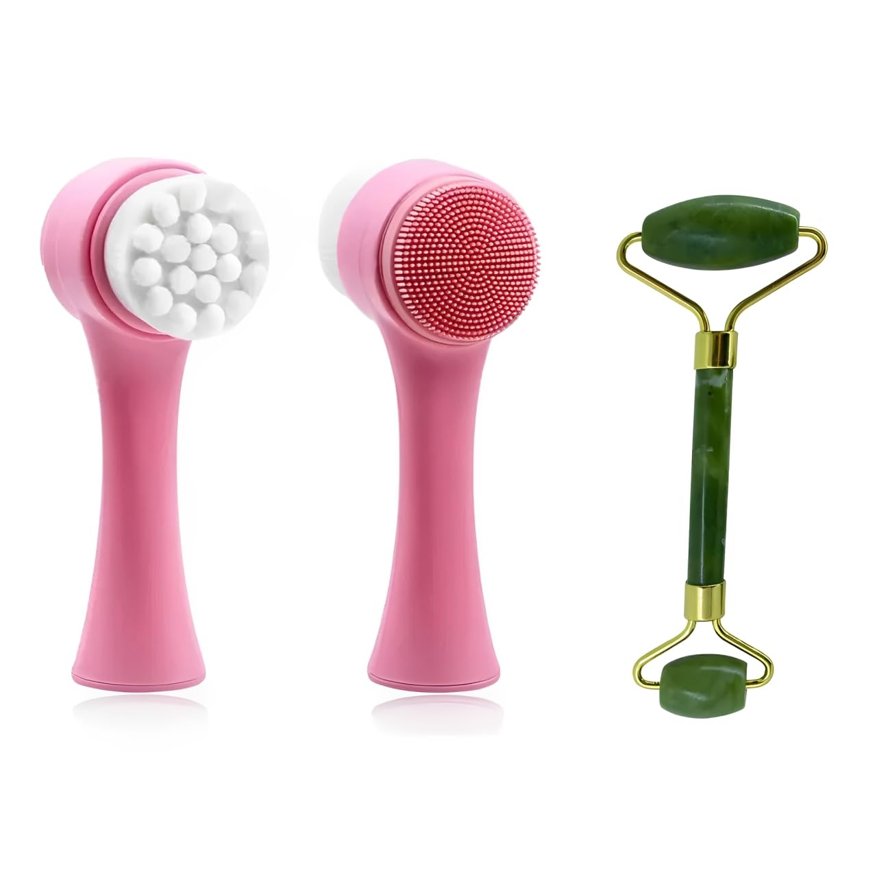Kit Rolo de Jade massagem facial + Escovas de Limpeza Facial 2 em 1 Skin Care