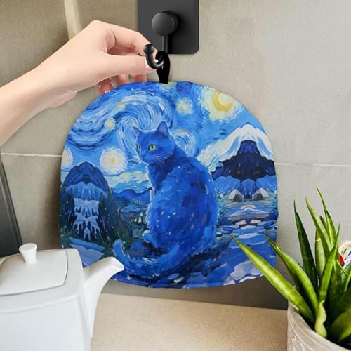 Image of Tea Cozy Starry Night Blue Cat Print Creative Insulated Tea Cosy Extra Thick Home Kitchen Decoration Creative Gifts Dust Teapot Cover Kitchen Accessories for Travel
