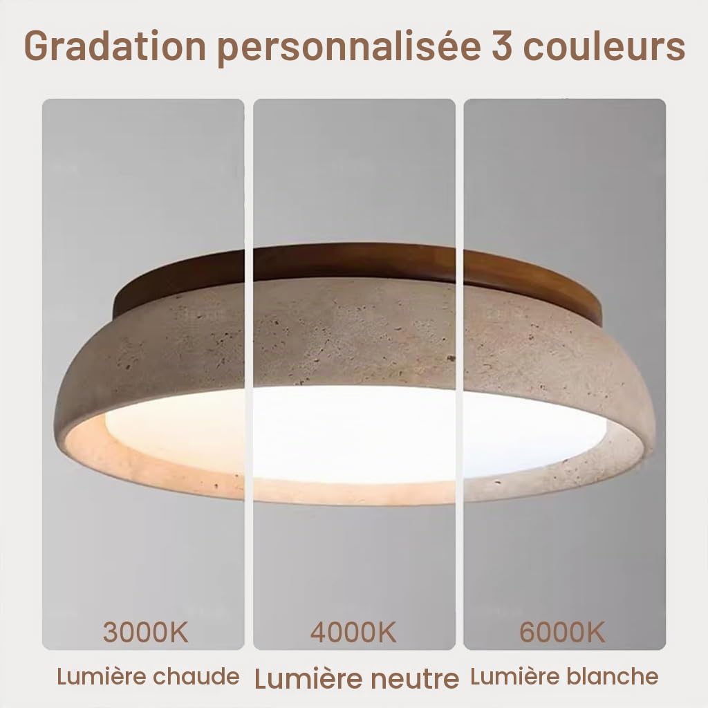 Plafonnier LED Moderne Variateur D'intensité Lampe De Plafond Travertin Jaune Pierre Naturelle Structure Bois Luminaire Plafond Intérieur Style Wabi-Sabi Vintage Pour Chambre À Coucher(43cm)
