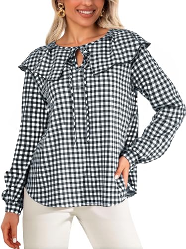 Tankaneo Womens Peter Pan Collar Shirts Gingham Puff Long Sleeve Blouses Ruffle Loose Fit Fall Casual Tops3