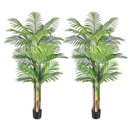 6ft Tall Triple Golden Cane Palm Artificial Tree Large Tropical Palm Tree UV Resistant Fake Plant in...