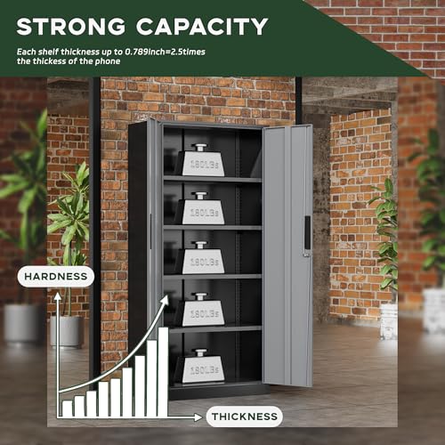 Image of Greenvelly Metal Storage Cabinet,72 inch Locking Metal Garage Storage Cabinet with Doors and 4 Adjustable Shelves, Lockable Steel Cabinet for Home Office, Garage, Shop, School (Black Grey 32 inch W x 16 inch D)