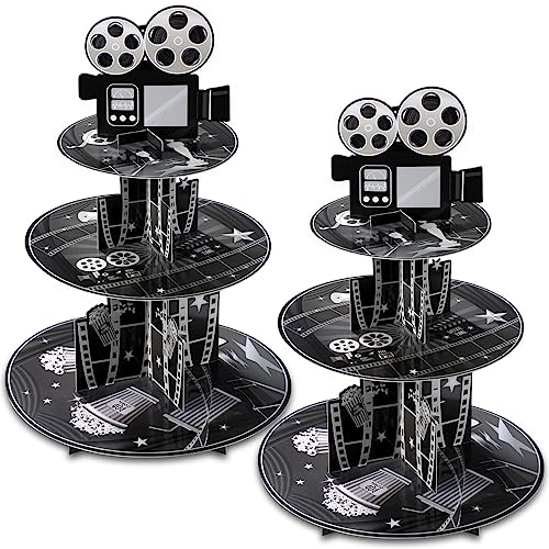 Colarr 2 Pack Movie Night Party Decorations Cupcake Stand 3 Tier Movie Cardboard Cupcake Holder Tower Cinema Dessert Stand for Cinema Night Themed Birthday Party Supplies Decorations(Black White)