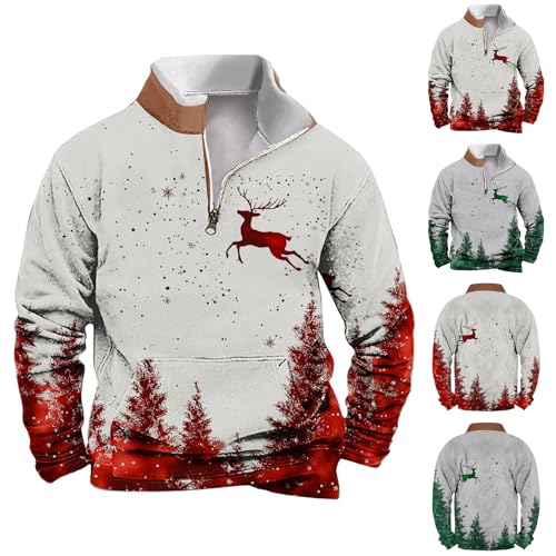 JIANGML Mens Christmas Pullover Men's 1/4 Zipper Jumper Reindeer Snowflakes Printed Sweatshirt Xmas Novelty Blouse Stand Collar Sweater with Pocket Tops Christmas Hoodless Sweatshirts Festival Shirt