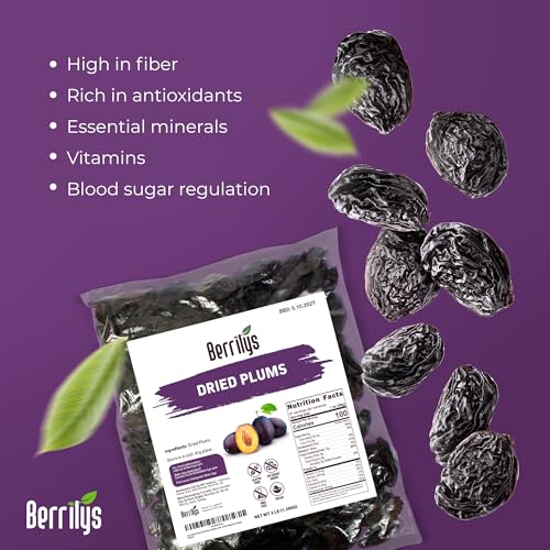 Berrilys Premium Dried Plums 3 lb (48 oz) – Naturally Sweet & Juicy Pitted Prunes, No Added Sugar, Non-GMO, Gluten-Free, Rich in Fiber & Antioxidants – Perfect Healthy Snack & Baking Ingredient