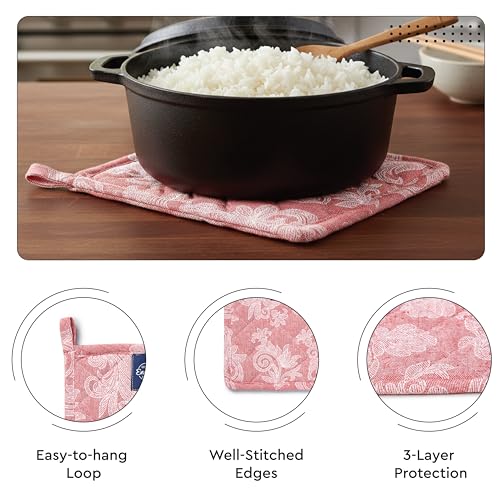 Image of Encasa XO Heat Resistant 100% Cotton Oven Glove & Potholder Set with Loop, Kitchen Cooking Mittens, Microwave Safe Hot Pads (Floral Red)