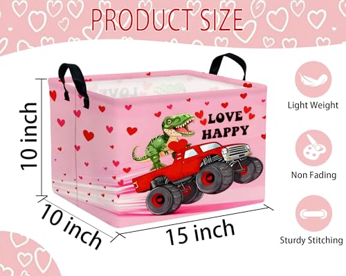 Image of Large Valentine's Day Basket Heart Shaped Storage Bin for Gifts Collapsible Organizer Room Decor (Pink Monster Truck Dinosaur)
