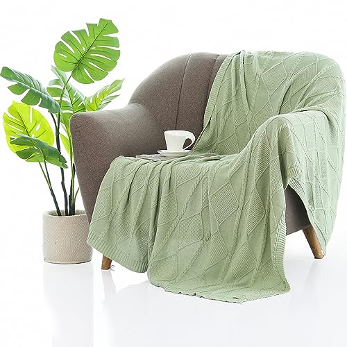 Image of Pluchi Cable Moss Cotton Knitted All Season AC Throw Blanket (125cm X 150cm) (Desert Sage)