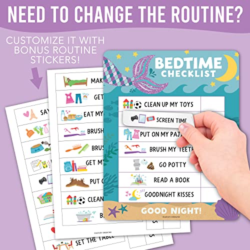 Image of Magnetic Morning & Bedtime Routine Chart for Kids - Customizable Toddler Daily Schedule Board with Dry Erase Surface, Stickers & Marker, Build Habits with Visual Checklists, Mermaid Theme
