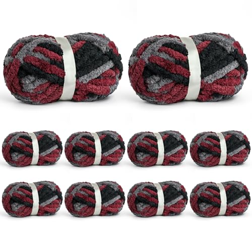 Image of 10 Pack Jumbo Chunky Yarn for Hand Knitting, Fluffy Chunky Chenille Yarn for Crocheting, Variegated Chunky Knit Baby Blanket Yarn, 240 yds /70.5 oz Super Bulky Yarn(Gray-Black-Red)