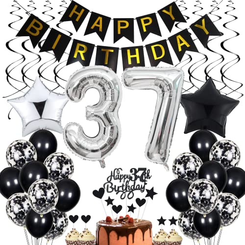 Decoración de 37 cumpleaños, color negro, decoración para tartas, cumpleaños de 37 años, para hombres, mujeres, 37 años, decoración para fiestas de cumpleaños de 37 años, para mujeres, para 37 años