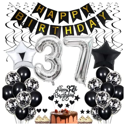 Decoración de 37 cumpleaños, color negro, decoración para tartas, cumpleaños de 37 años, para hombres, mujeres, 37 años, decoración para fiestas de cumpleaños de 37 años, para mujeres, para 37 años