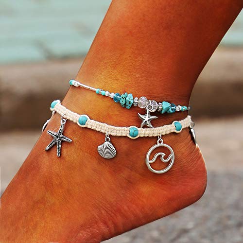 Image of Softones Blue Starfish Turtle Anklet Multilayer Charm Beads Sea Handmade Boho Anklet Foot Jewelry for Women
