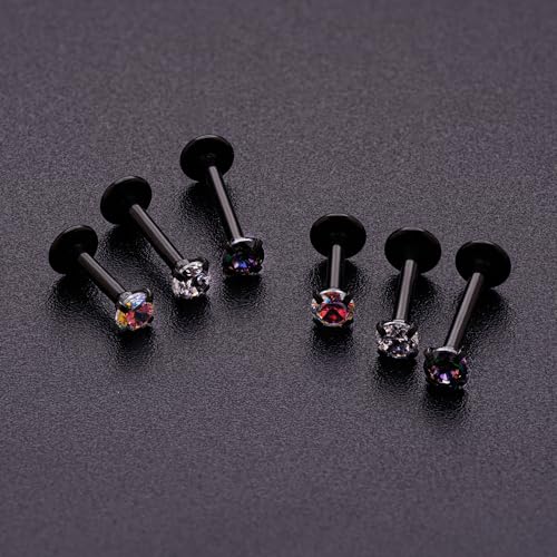 16G 18G Tragus Labret Lip Piercing Jewelry Black, Internally Threaded Surgical Steel CZ Studs for Women Men, 6mm 8mm 10mm Labret Nose Stud Cartilage Helix Medusa Conch Piercing Jewelry3