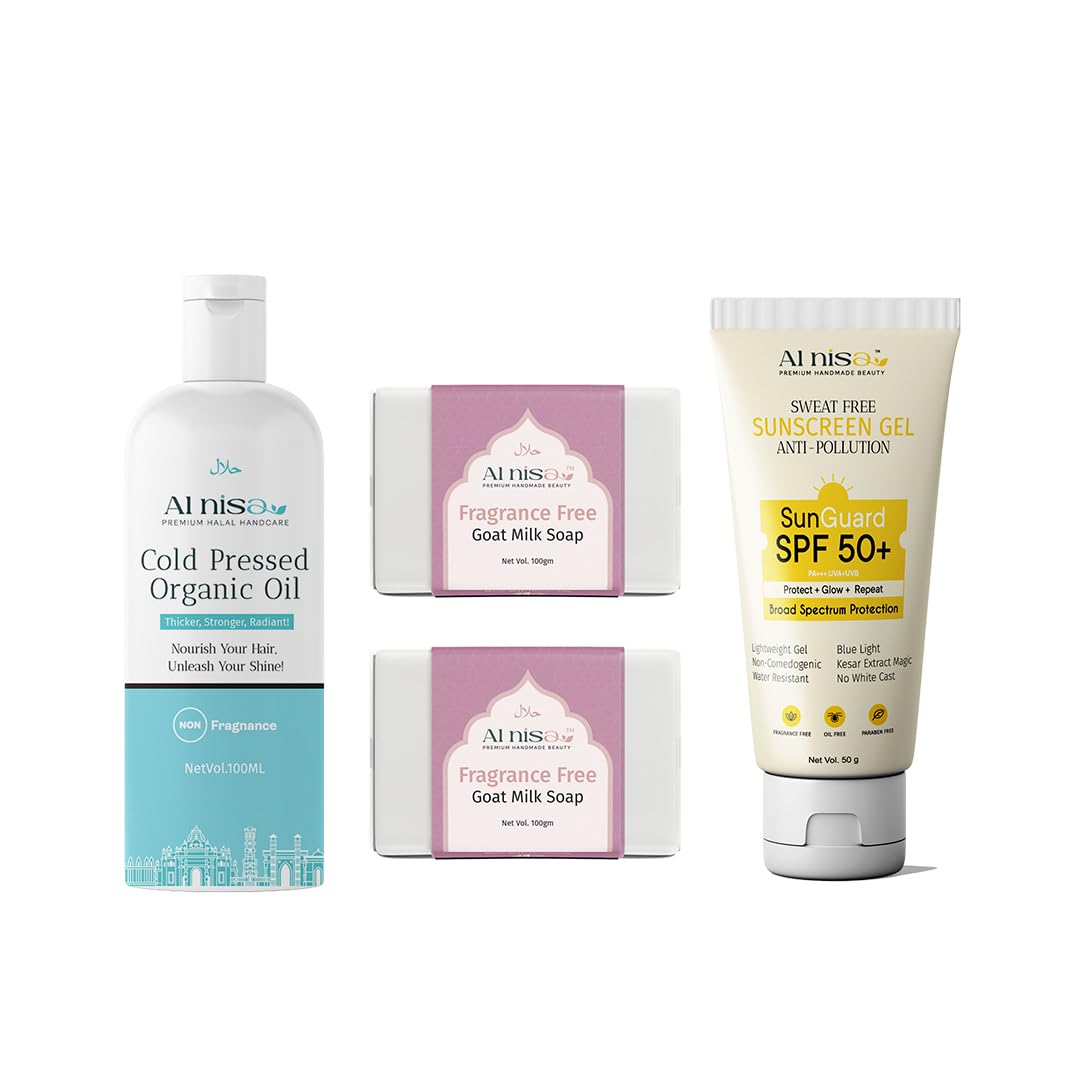 AL NISA Hajj/Umrah Kit Fragrance Free Goat Milk Handmade Soap Set 2 100gm each x 2 and Organic Hair Oil 100ml with Sweat Free Sunscreen Gel Spf 50+ 50ml Combo Set of 3