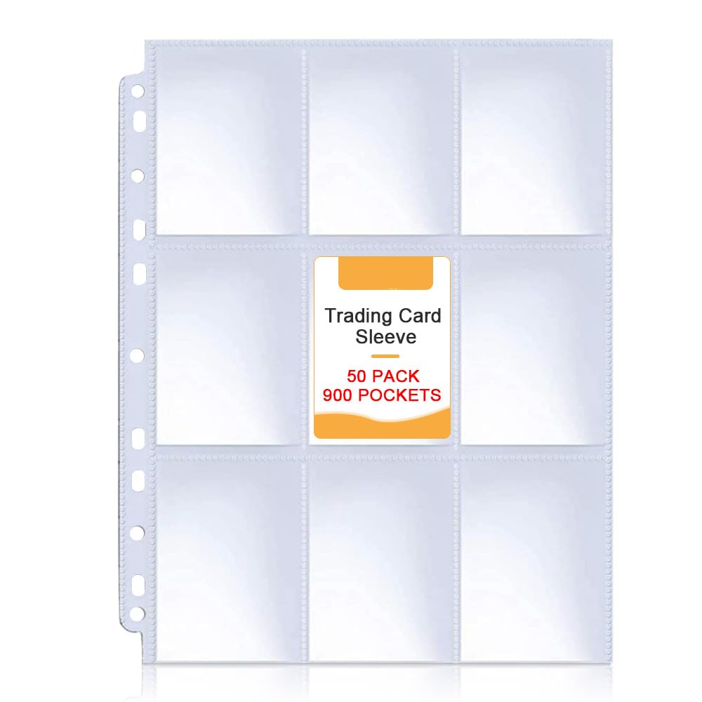 Baseball Card Sleeves, 900 Pockets Double Side 9-Pocket Trading Card Sleeve Page Protector 11 Holes Game Card Sleeves Fit 3 Ring Binder for Baseball Game Business Cards 50 Pages