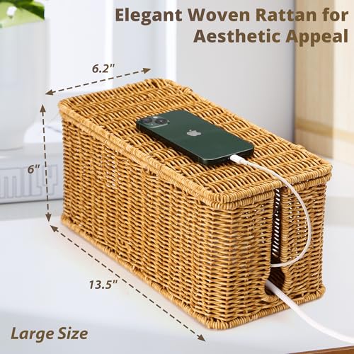 Image of ZhiYo Rattan Cable Management Box, Cord Organizer, Nature, 13.5 inchx6.2 inchx6 inch | Handwoven imitation rattan cord hider box conceals power strips and cables for a clean desk or floor setup