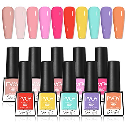 PVOY Candy Color Gel Nail Polish Set Colorful Rainbow Nail Gel Polish Kit 10 Colors Soak Off UV LED Gel Manicure Set for Spring Summer 7.3ml