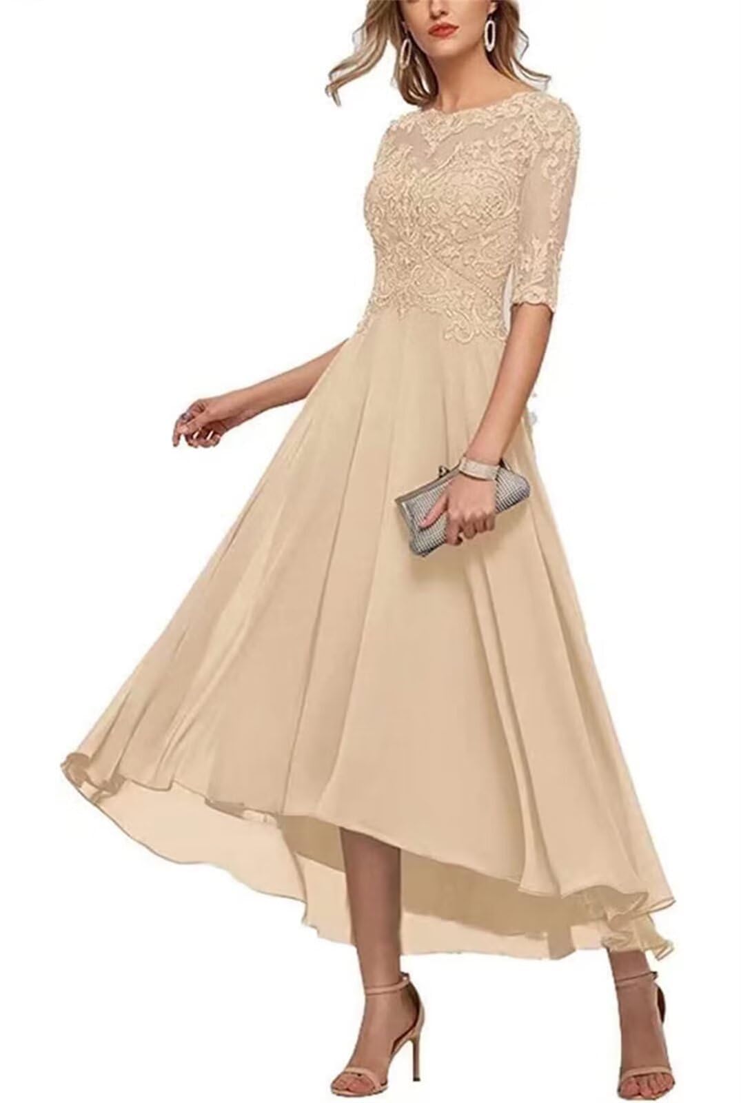 Kiyne Women's Champagne Mother Of The Bride Dresses Tea Length For With Sleeves Chiffon Wedding Guest Dress Tea Length Party Gown Uk20