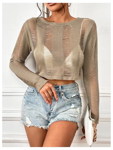 Image of SOLY HUX Sweaters for Women Long Sleeve Ripped Lace Up Back Sheer Crop Tops Plain Khaki Large