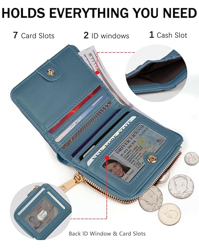 Image of Small Bifold Wallets Woman RFID Mini Wallet for Women Slim Card Holder with Zipper Coin Pocket & 2 ID Windows(Lake Blue)