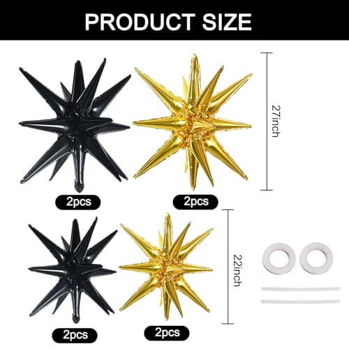Image of TONIFUL 8 Pcs Explosion Star Balloons Black and Gold Foil Party Decorations | 2 Size Mylar Star Balloon for New Year Party Decor Christmas Graduation Birthday Wedding Baby Shower Photo Booth Supplies