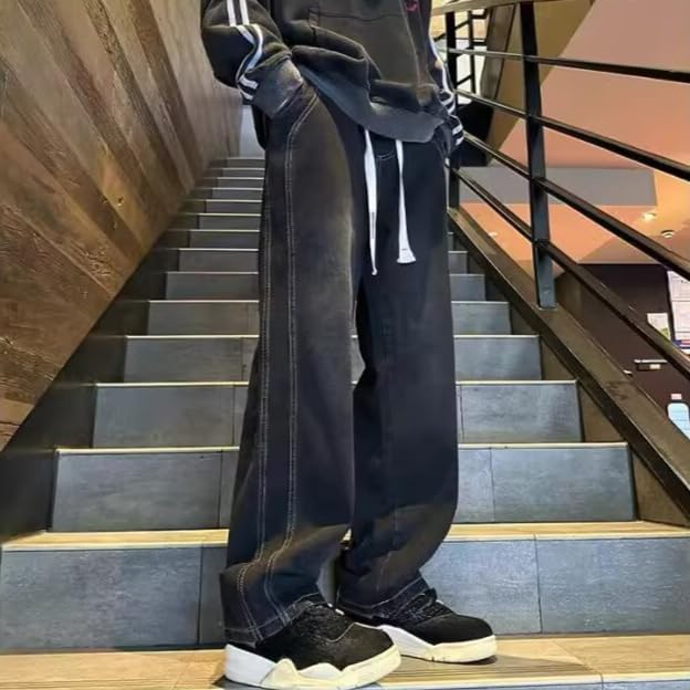 Men's Casual Jeans Baggy Y2K Drawstring Elastic Waist Straight Leg Denim Pants Hip Hop Streetwear for Men2