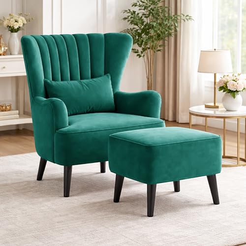 Image of Modern Velvet Wingback Accent Chair with Ottoman & Cushion for Living Room | Premium Upholstered Lounge Chair with Footrest |Green