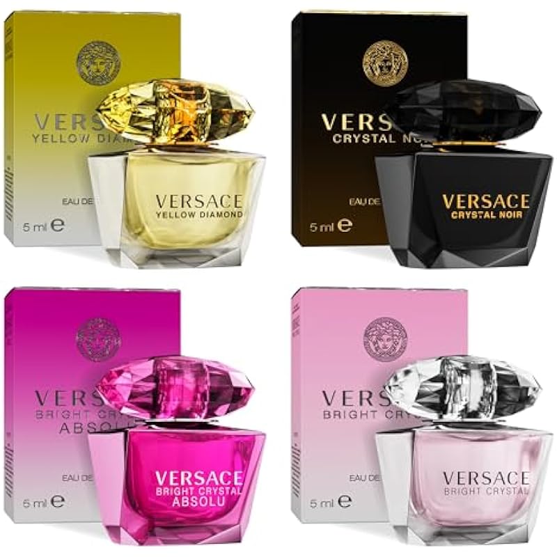 Versace Perfume for Women Set of 4 Mini, Bright Crystal, Yellow Diamond, Crystal Noir, Bright Crystal Absolu, Perfume for Women Fragrance Sampler Set Designer Womens Samples (4 Count, 0.17 oz)