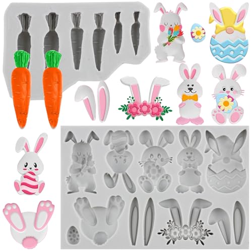 MINFEIDMS Easter Fondant Molds Cute Bunny Pattern 3D Silicone Moulds Assorted Rabbit Carrots Flowers...