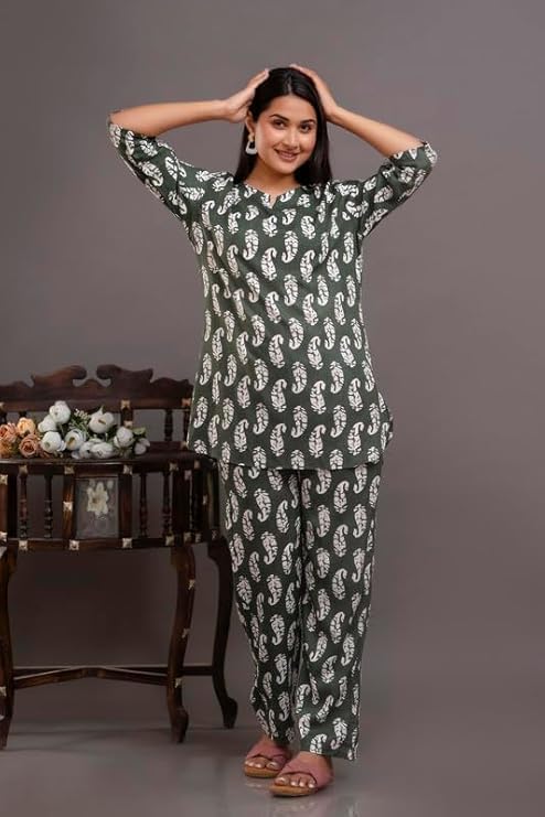 Image of Pure Cotton Printed Night Suit Set | Top Pyjama Set for Women | Night Dress of Kurta Pyjama Set for Women | Kurta Top Set