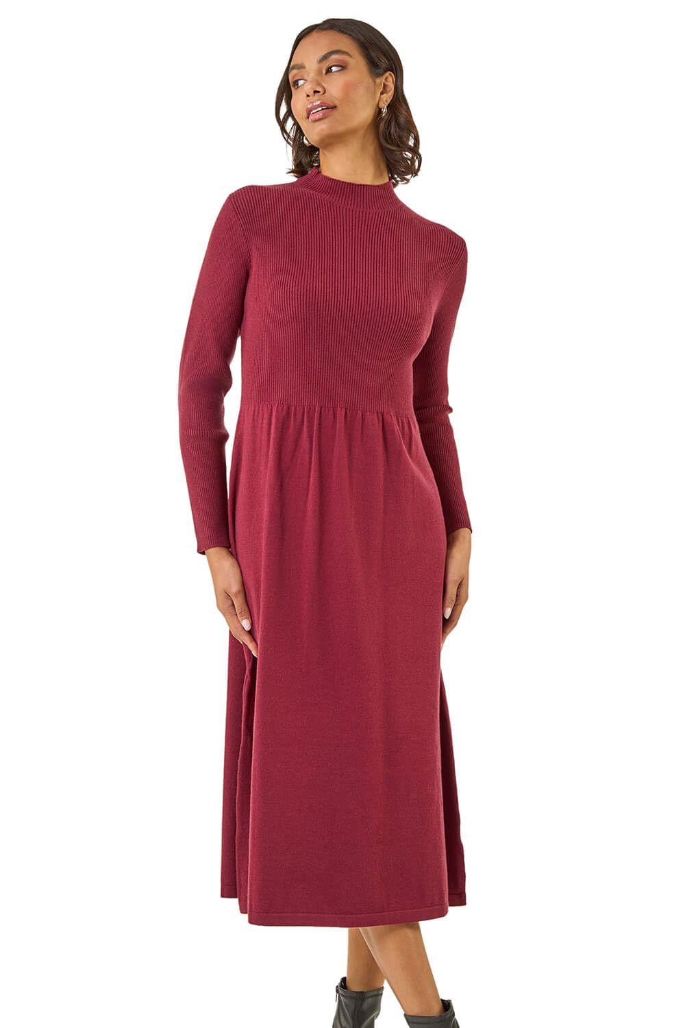 Roman Women's Burgundy Ribbed Knit High Neck Midi Dress