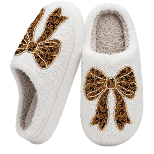 Image of Bow Slippers for Women, Girly House Shoes, Fuzzy Non Slip Sole