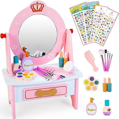Wooden Vanity Set for Kids, Pretend Play Toddler Makeup Vanity Table Toys with 360° Rotatable Mirror, Beauty Salon Set Includes Makeup Accessories & Bonus Stickers, Little Girls Gift Age 3+ Cover