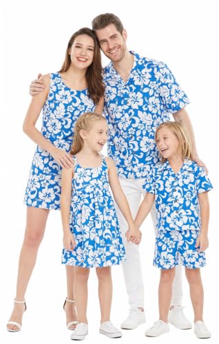 Image of Hawaii Hangover Family Matching Clothes, Classic Vintage Hibiscus Blue | Family matching Hawaiian outfits, Classic Vintage Hibiscus Blue, 100% cotton, machine washable, tropical floral print, luaus